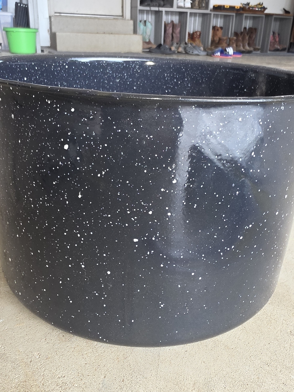 Vintage Black White Speckled Enamelware Stock Pot Large Graniteware Canning Pot